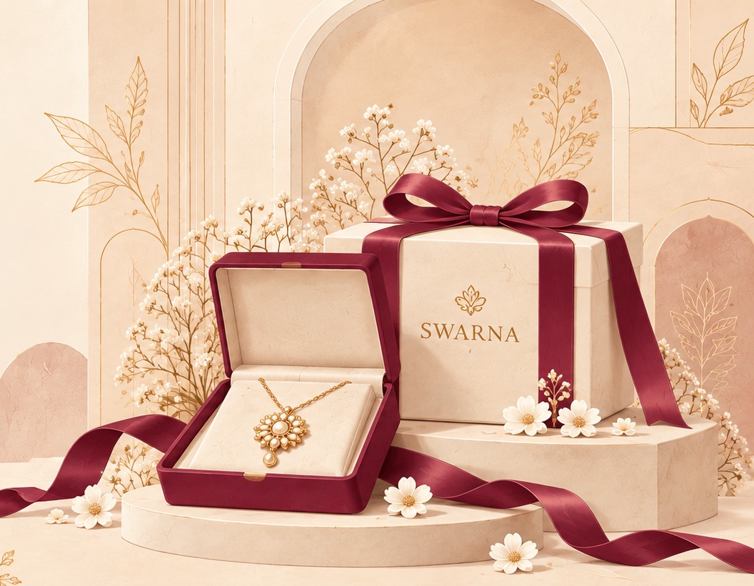 Illustrated SWARNA jewellery gift boxes with a gold necklace, burgundy ribbon and warm cream botanical details