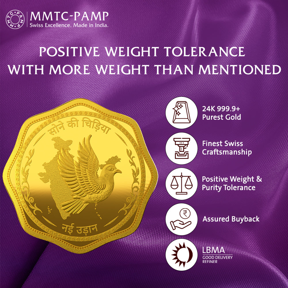 24K  Purest 10 gm Sone Ki Chidiya Gold Coin 24K (999.9+) - MMTC-PAMP