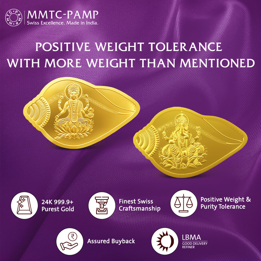 24K Purest 10 gm Lakshmi Ganesh Shankh Shape Gold Coin - 24K (999.9+)  - MMTC-PAMP