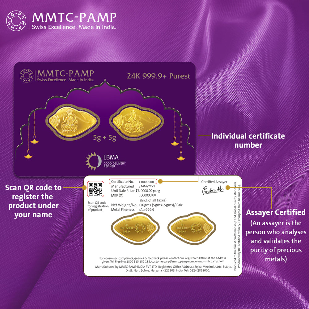 24K Purest 10 gm Lakshmi Ganesh Shankh Shape Gold Coin - 24K (999.9+)  - MMTC-PAMP