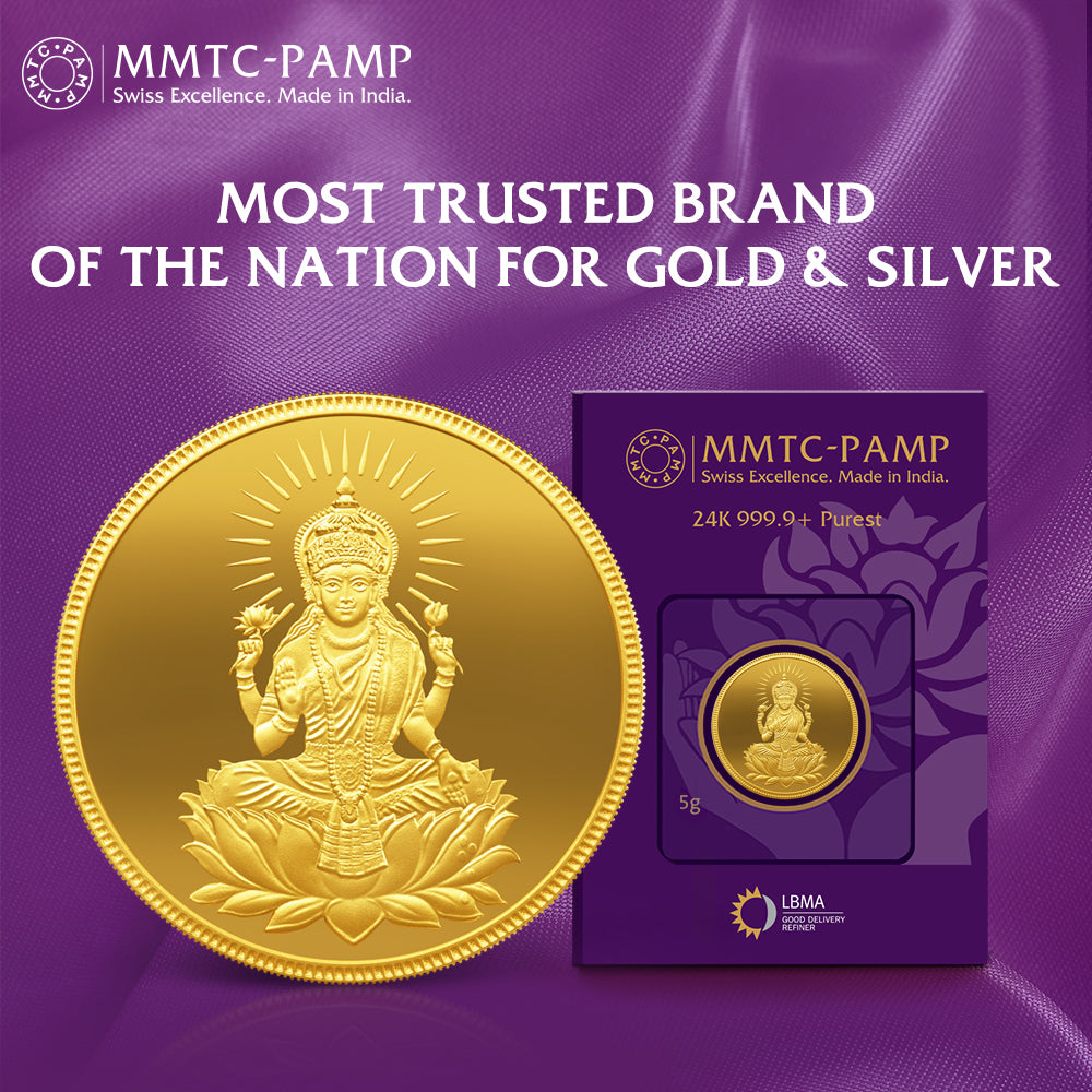 24K Purest 5 gm Laxmi Gold Coin - 24K (999.9+) - MMTC-PAMP