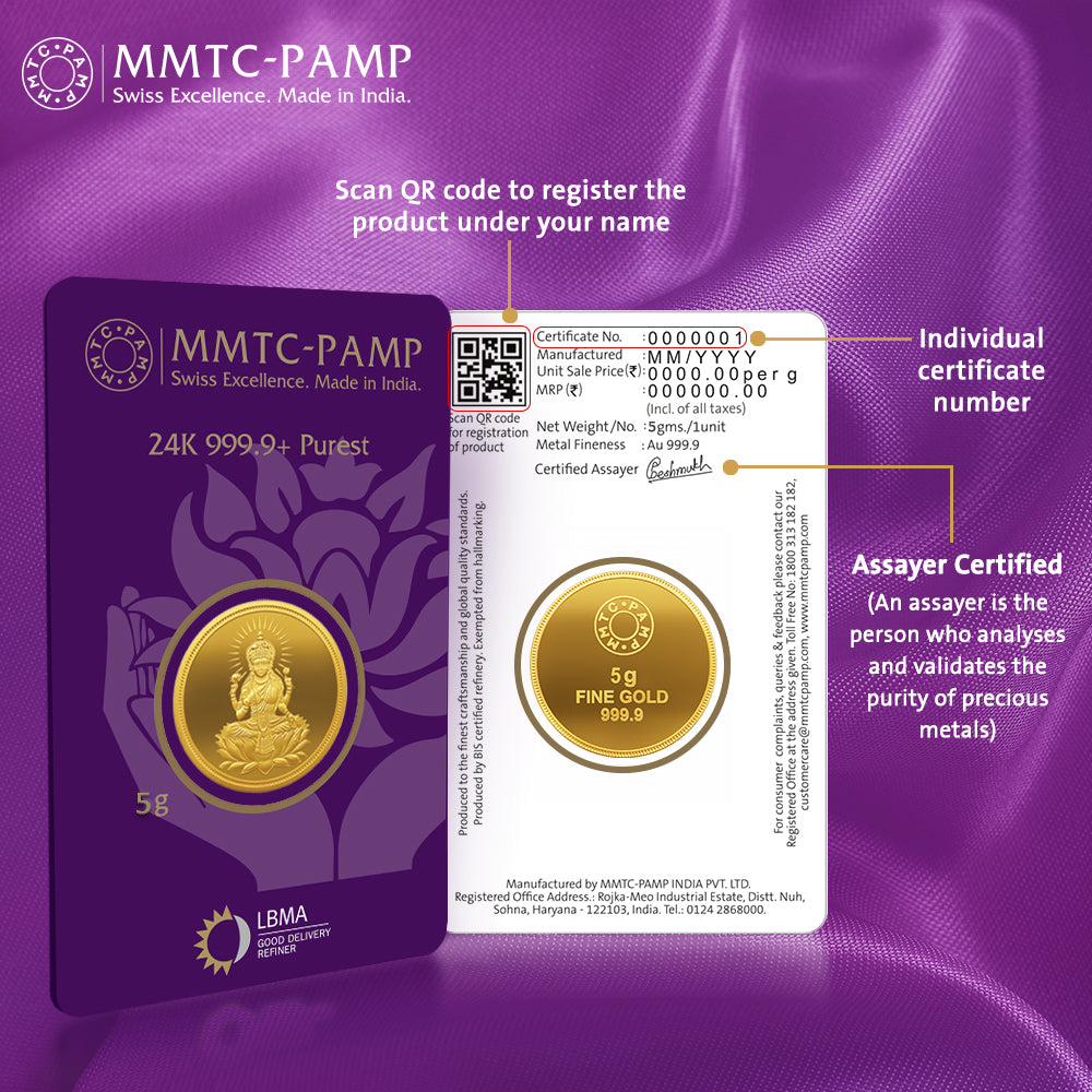 24K Purest 5 gm Laxmi Gold Coin - 24K (999.9+) - MMTC-PAMP