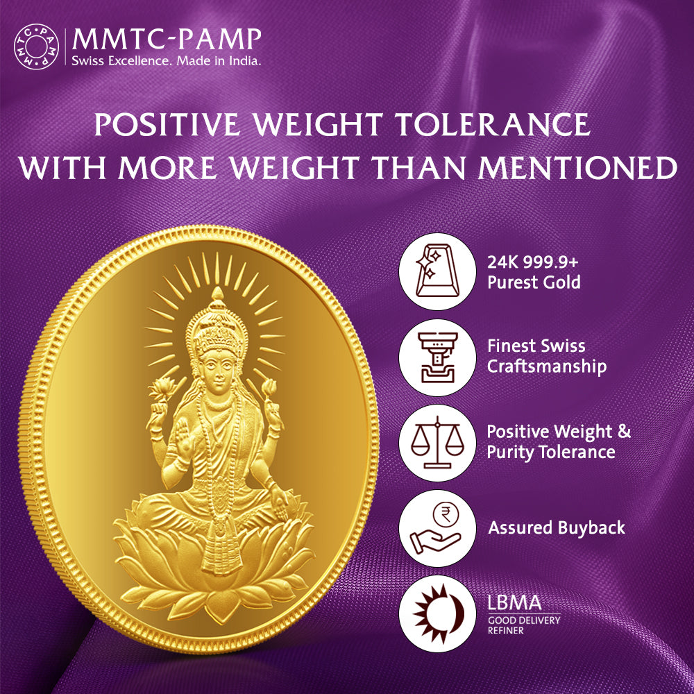 24K Purest 5 gm Laxmi Gold Coin - 24K (999.9+) - MMTC-PAMP
