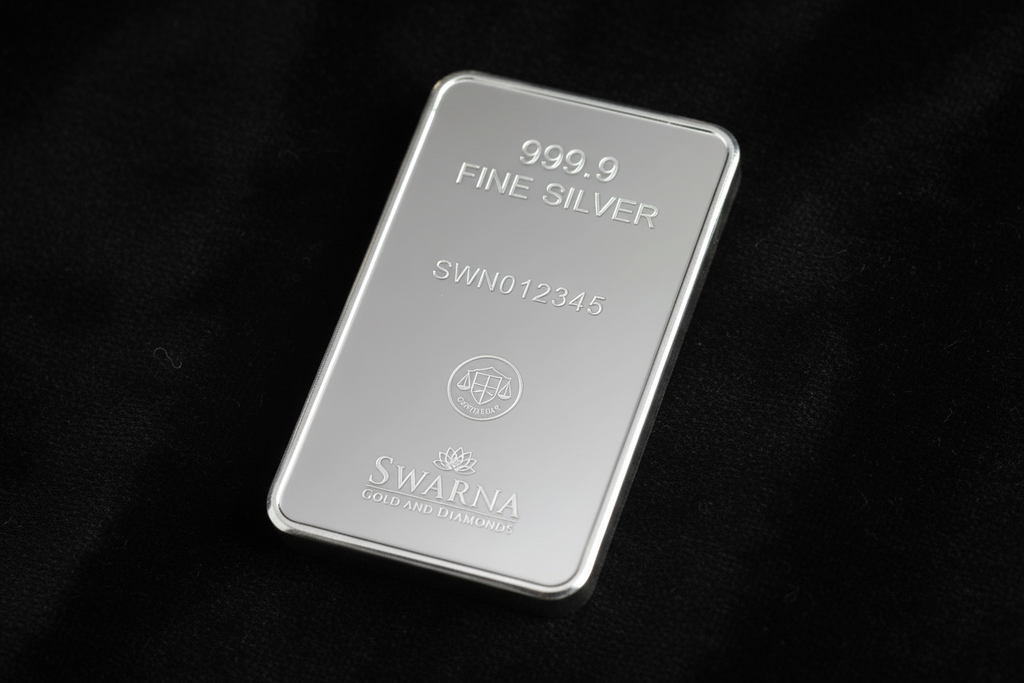 Back view of Swarna 100g Fine Silver Bar with hallmark and serial number