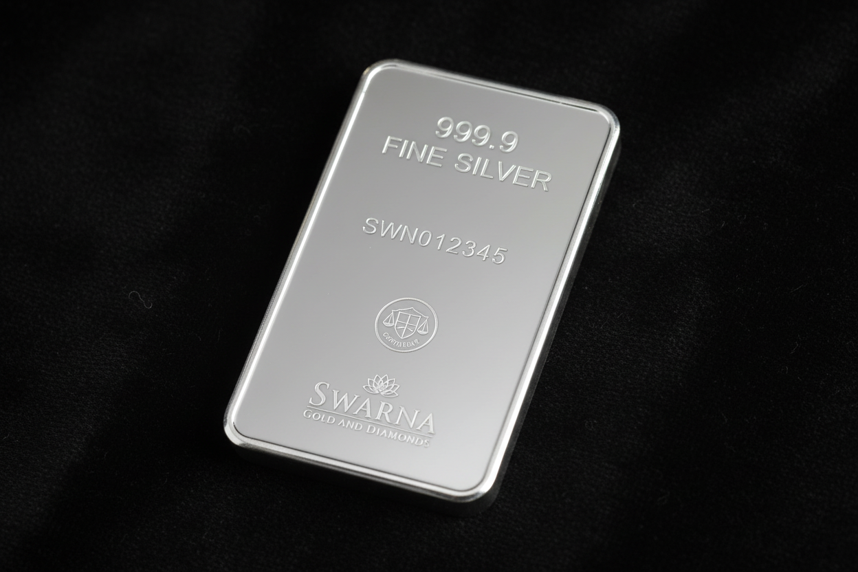Back view of Swarna 100g Fine Silver Bar with hallmark and serial number