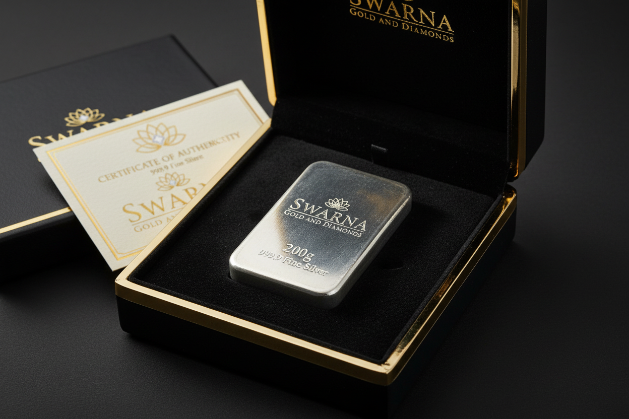 Swarna 200g Fine Silver Bar in luxury black velvet gift box