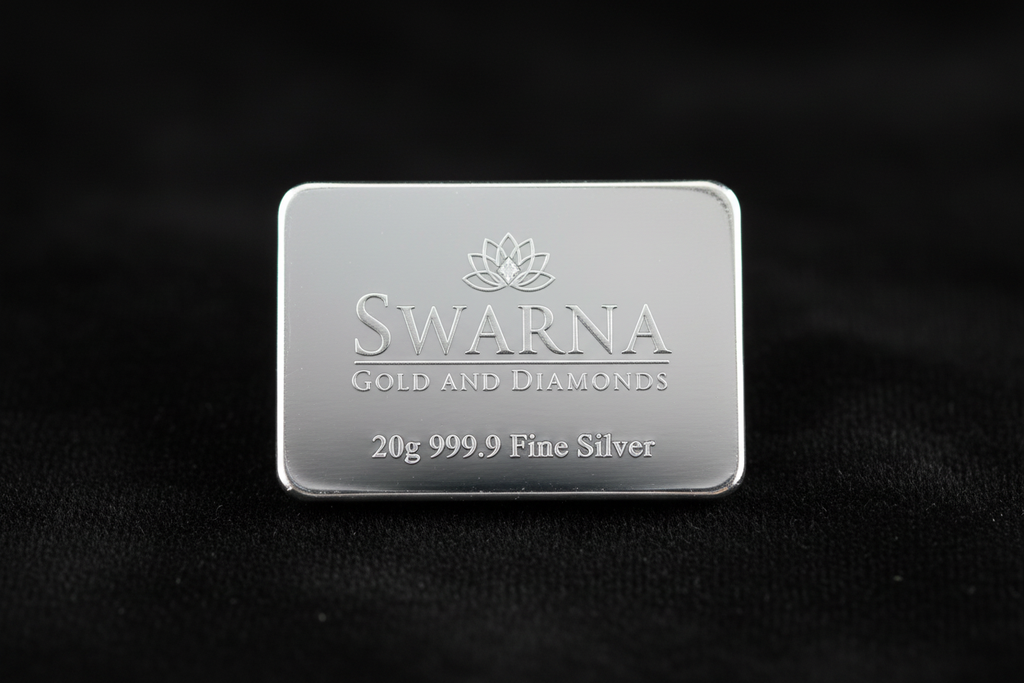 Front view of Swarna 20g Fine Silver Bar with silver engraved Swarna lotus logo