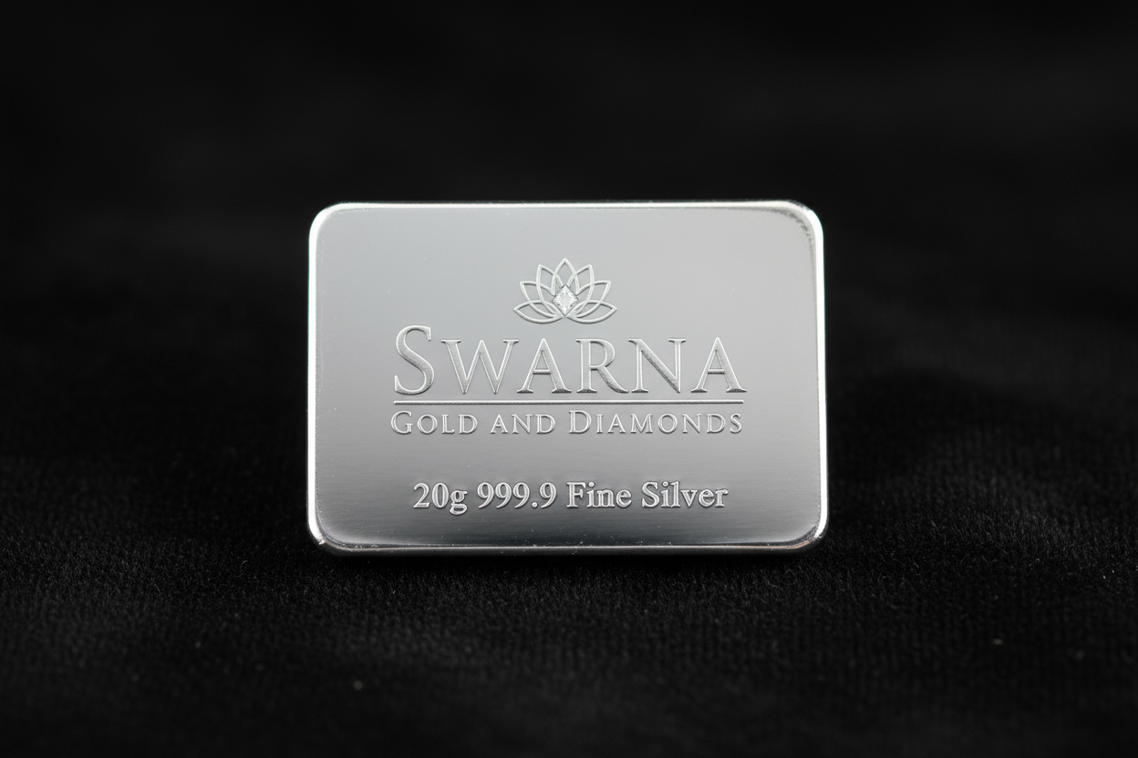 Front view of Swarna 20g Fine Silver Bar with silver engraved Swarna lotus logo