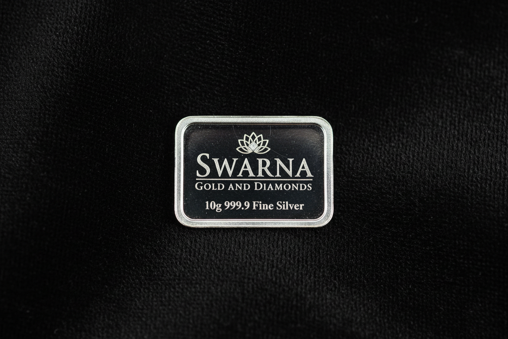 Front view of Swarna 10g Fine Silver Bar with Swarna lotus logo engraved