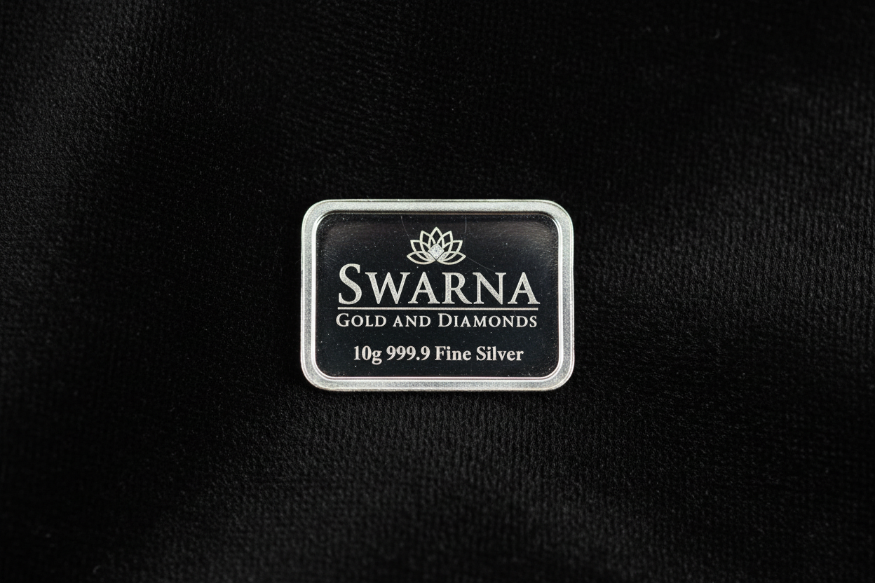 Front view of Swarna 10g Fine Silver Bar with Swarna lotus logo engraved