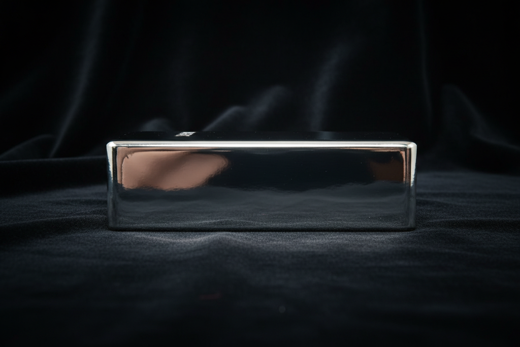 Side view of Swarna 200g Fine Silver Bar showing proportionate thickness