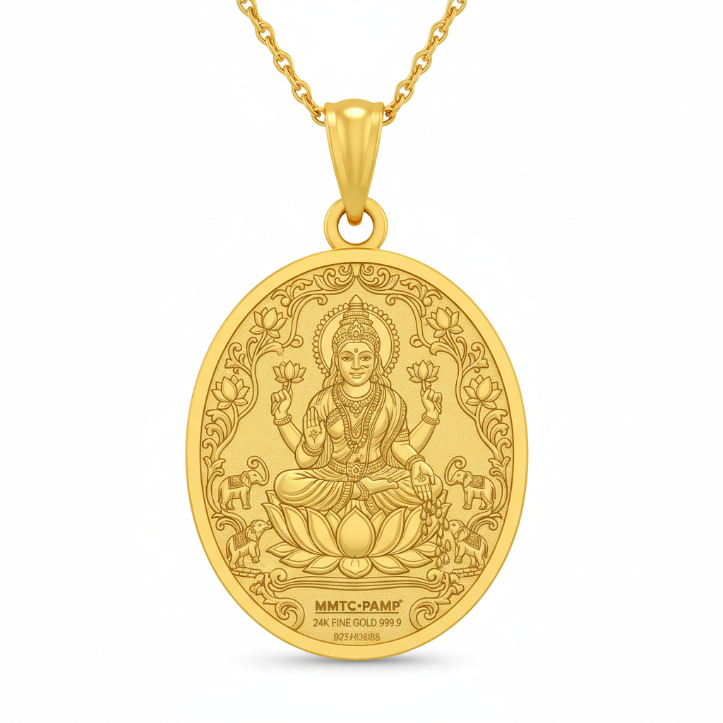 24K (999.9+) Purest 2 gm Laxmi Gold Oval Pendant - MMTC-PAMP