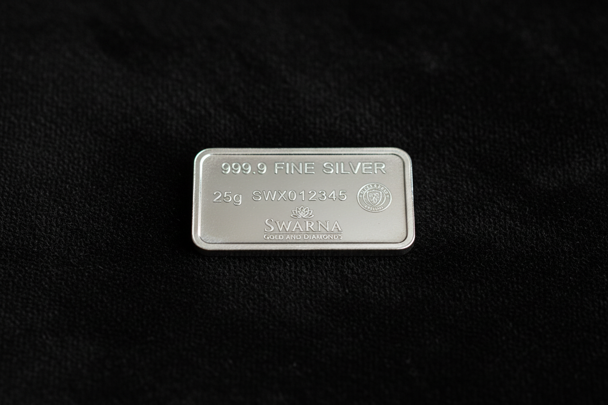 Back view of Swarna 25g Fine Silver Bar with hallmark and serial number