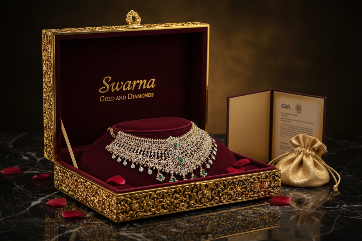 Swarna Gold and Diamonds – Grand Packaging with Nyrav Diamond Short Neckwear