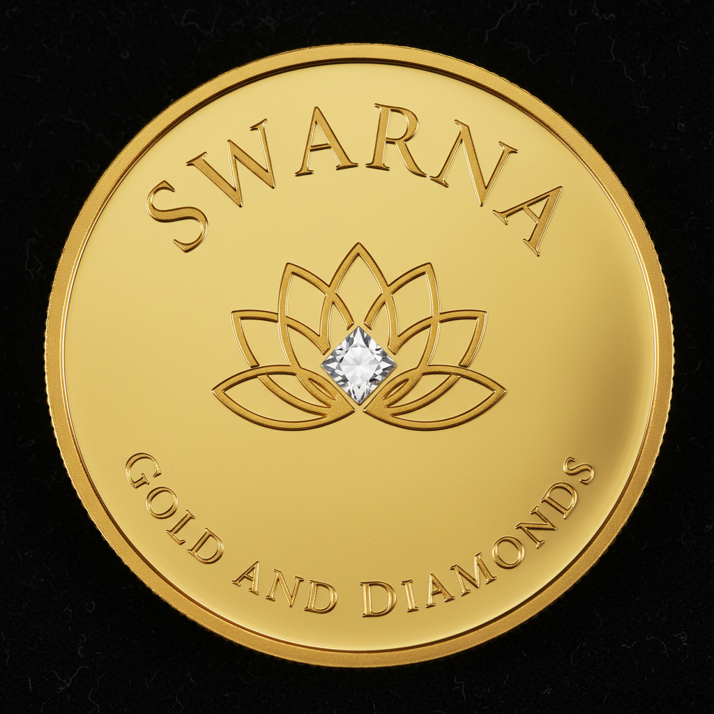 Front of Swarna 10g Fine Gold Coin with Swarna lotus design