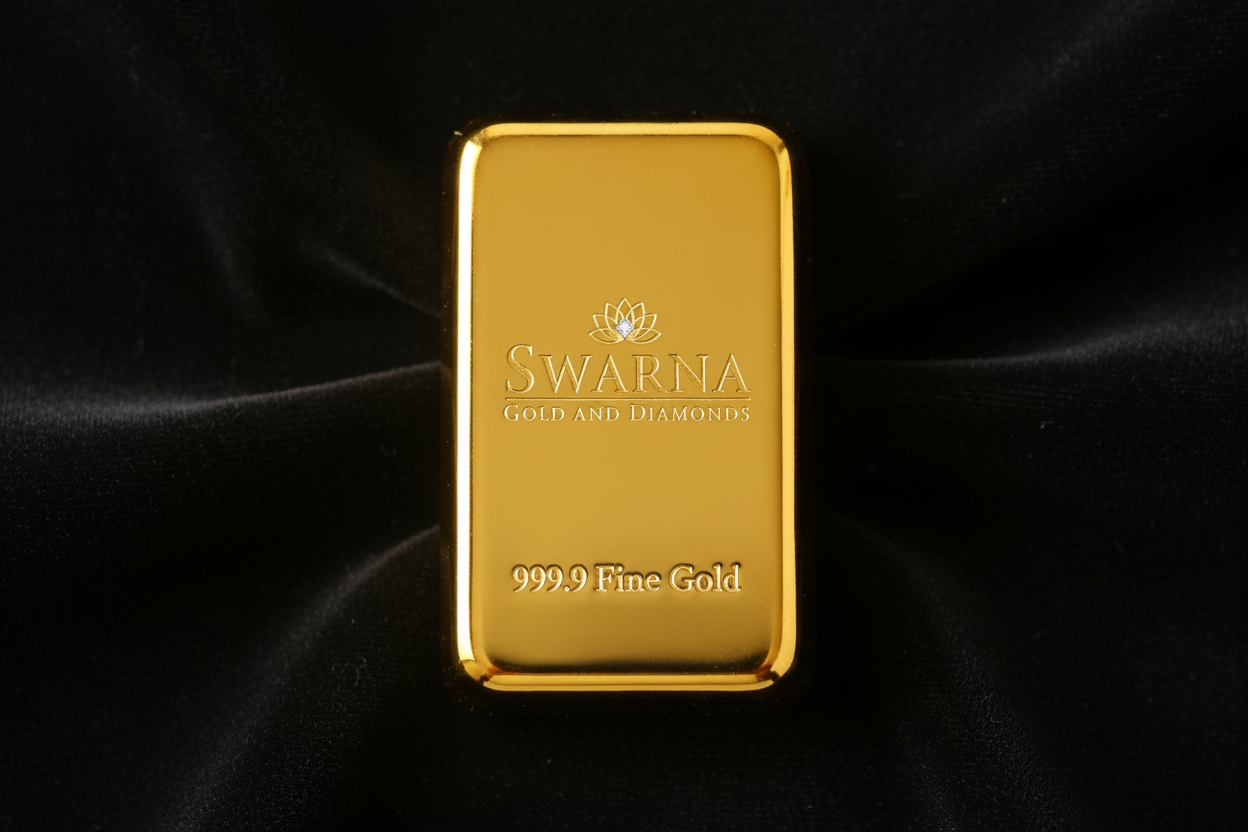 Front view of Swarna 10g Fine Gold Bar with Swarna lotus logo