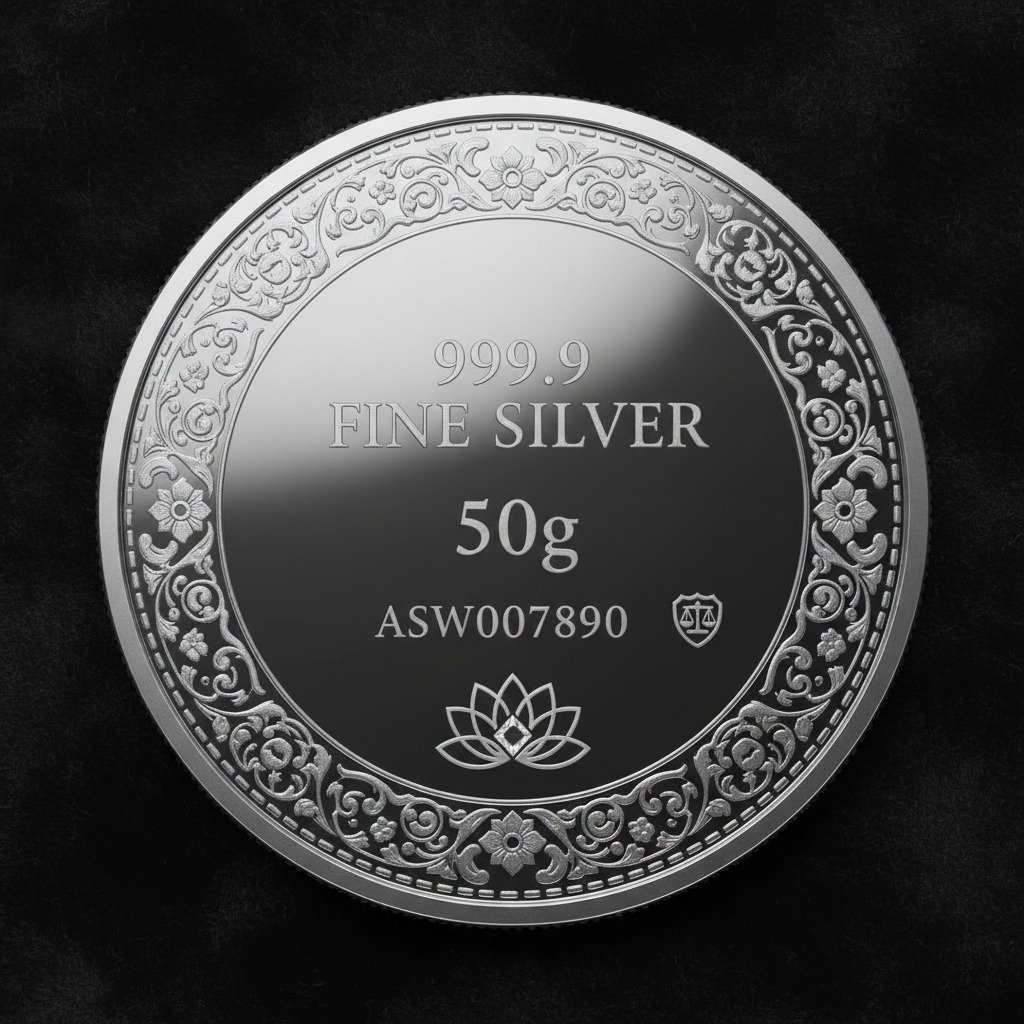 Reverse of Swarna 50g Fine Silver Coin with 50g weight engraved
