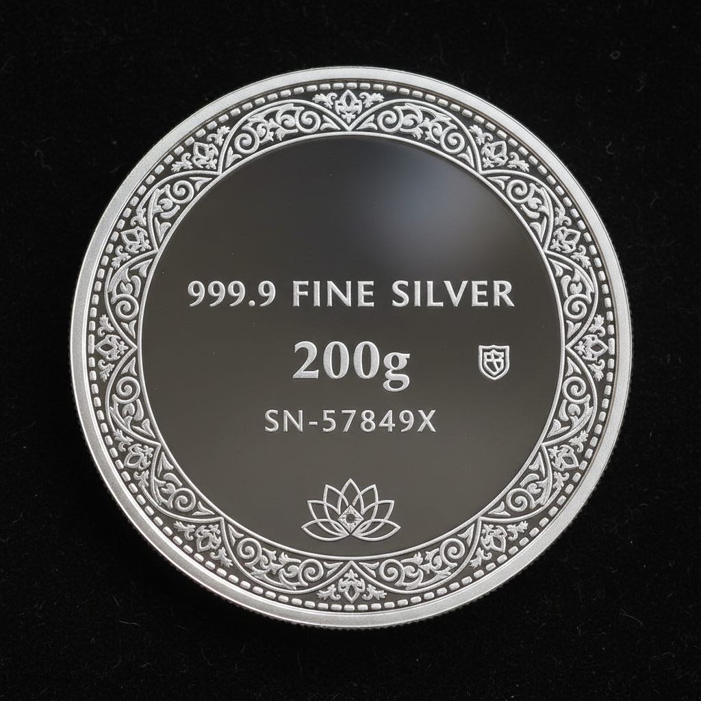 Reverse of Swarna 200g Fine Silver Coin with 200g weight engraved