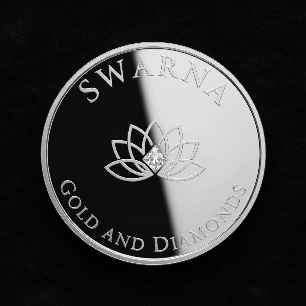 Front of Swarna 50g Fine Silver Coin with Swarna lotus design