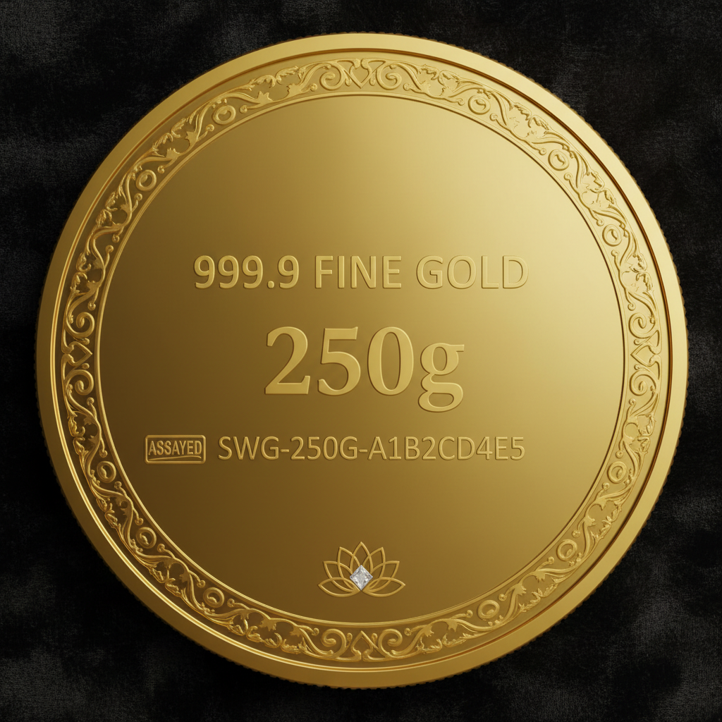 Reverse of Swarna 250g Fine Gold Coin with 250g weight engraved