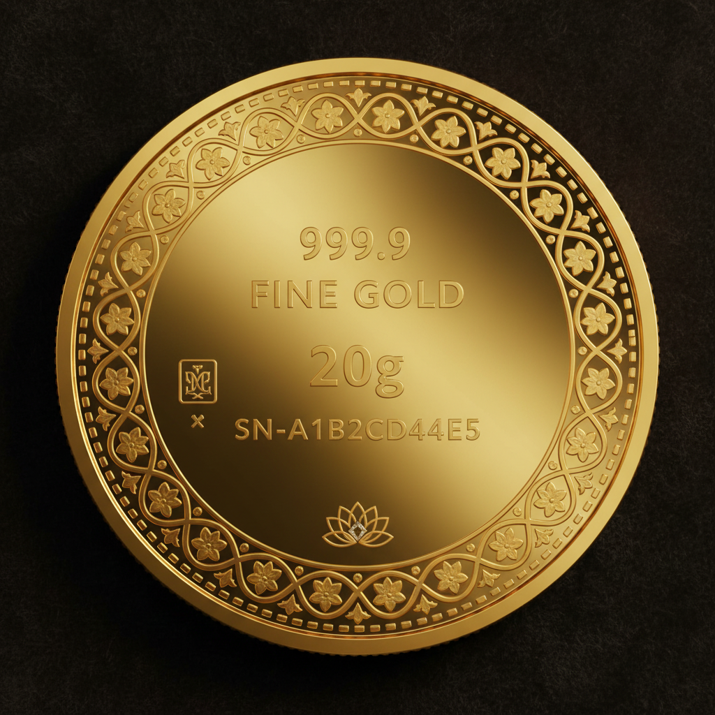 Reverse of Swarna 20g Fine Gold Coin with 20g weight engraved