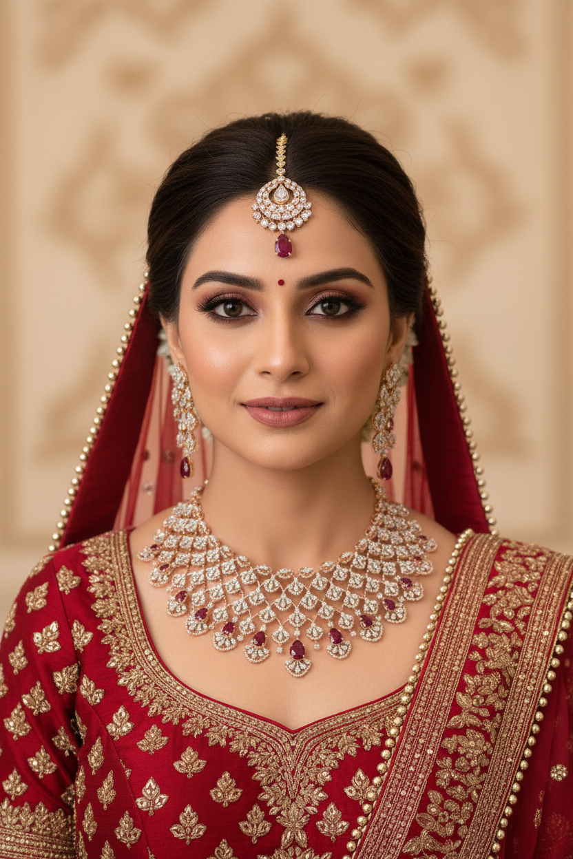 Bride wearing Ruby & Diamond Cascade Necklace
