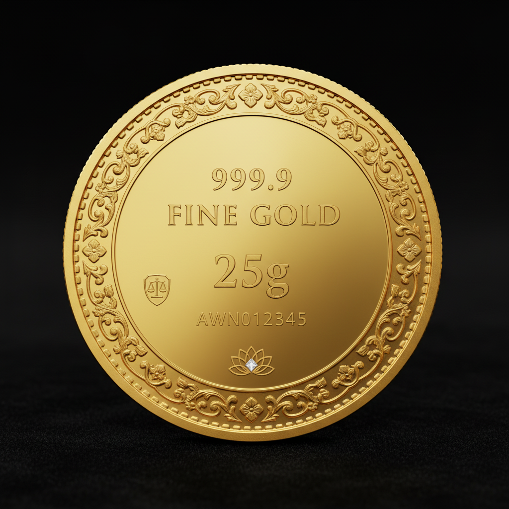 Reverse of Swarna 25g Fine Gold Coin with 25g weight engraved