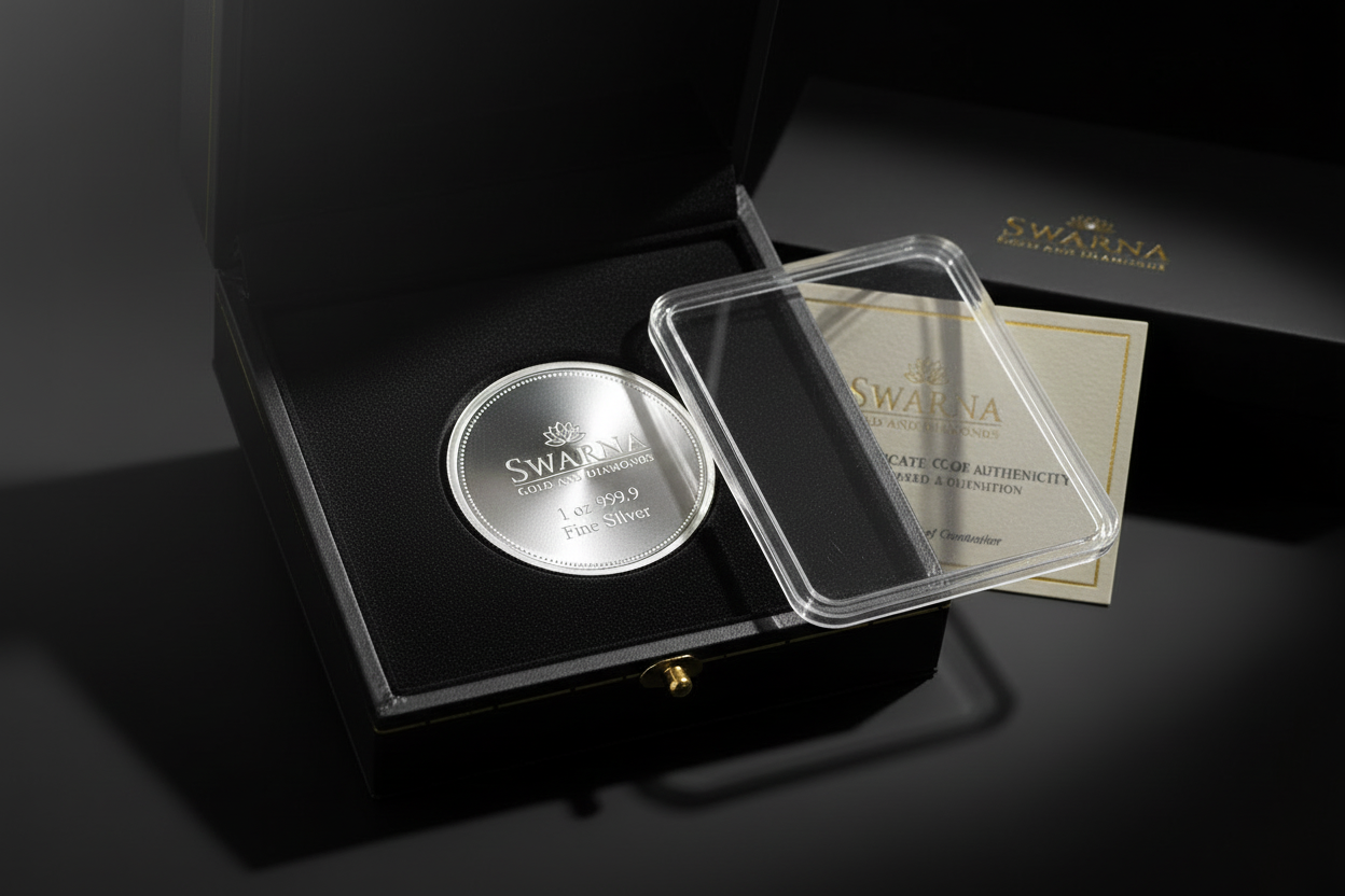 Swarna 10g Fine Silver Coin in luxury velvet coin box with certificate