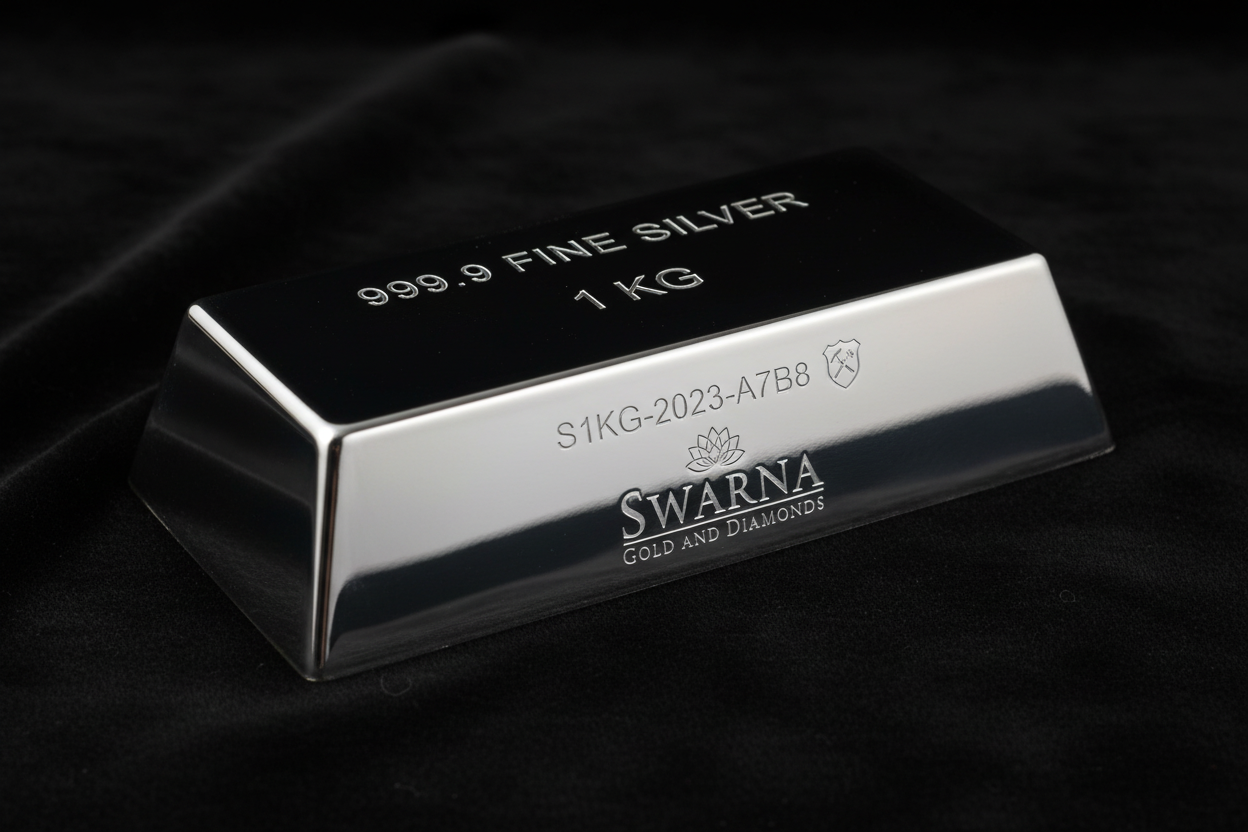 Back view of Swarna 1kg Fine Silver Bar with hallmark and serial number