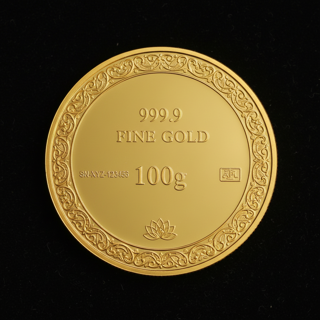 Reverse of Swarna 100g Fine Gold Coin with 100g weight engraved
