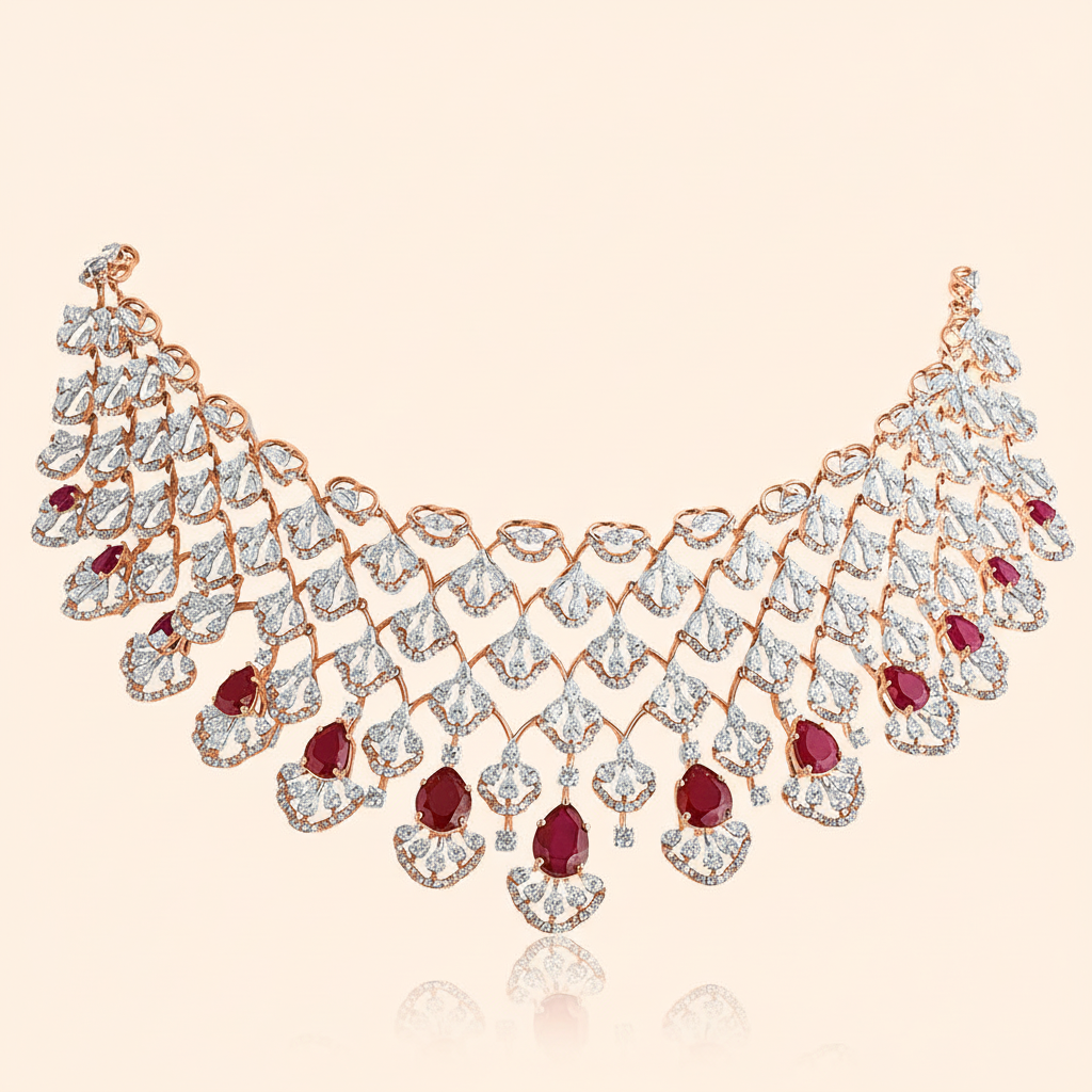Ruby & Diamond Cascade Necklace – Rose Gold Bridal Jewellery
