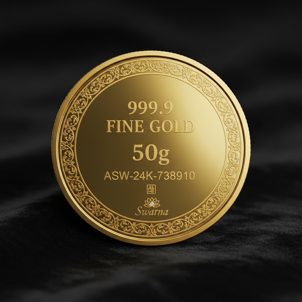 Reverse of Swarna 50g Fine Gold Coin with 50g weight engraved