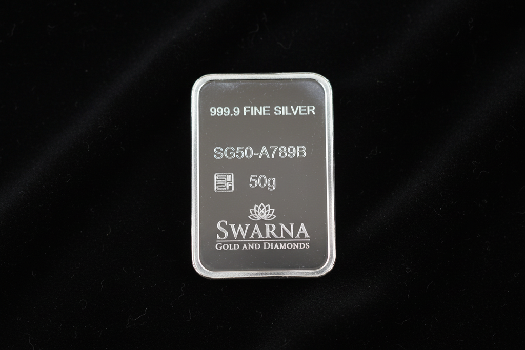 Back view of Swarna 50g Fine Silver Bar with hallmark and serial number