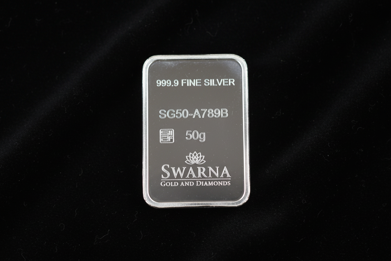 Back view of Swarna 50g Fine Silver Bar with hallmark and serial number