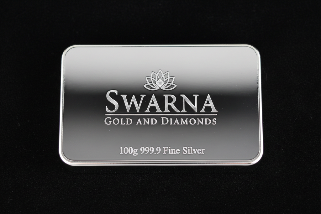 Front view of Swarna 100g Fine Silver Bar with Swarna lotus logo engraved