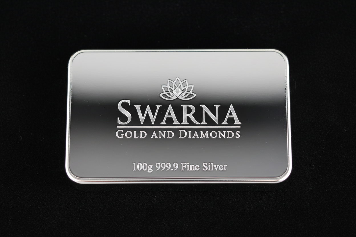 Front view of Swarna 100g Fine Silver Bar with Swarna lotus logo engraved