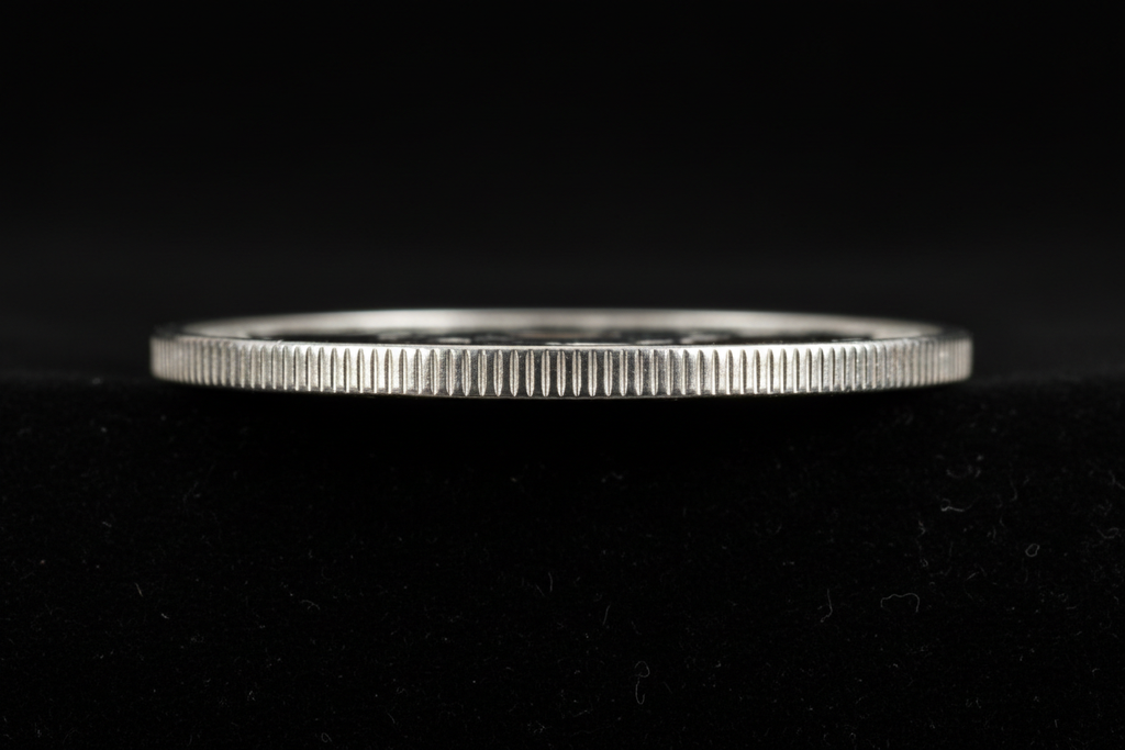 Edge view of Swarna 10g Fine Silver Coin showing reeded milled edge