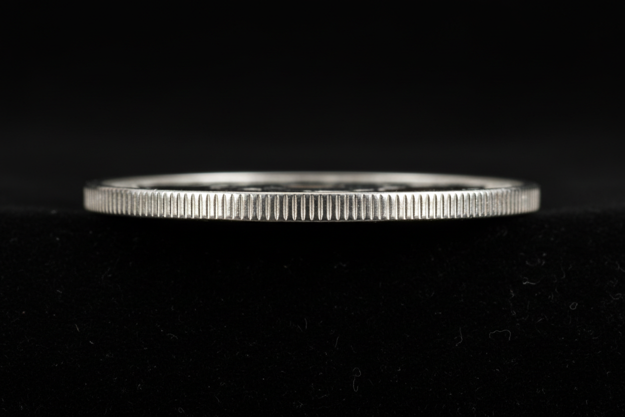 Edge view of Swarna 10g Fine Silver Coin showing reeded milled edge