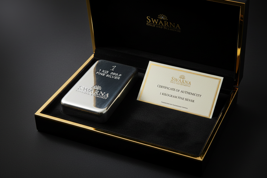 Swarna 1kg Fine Silver Bar in luxury black velvet gift box