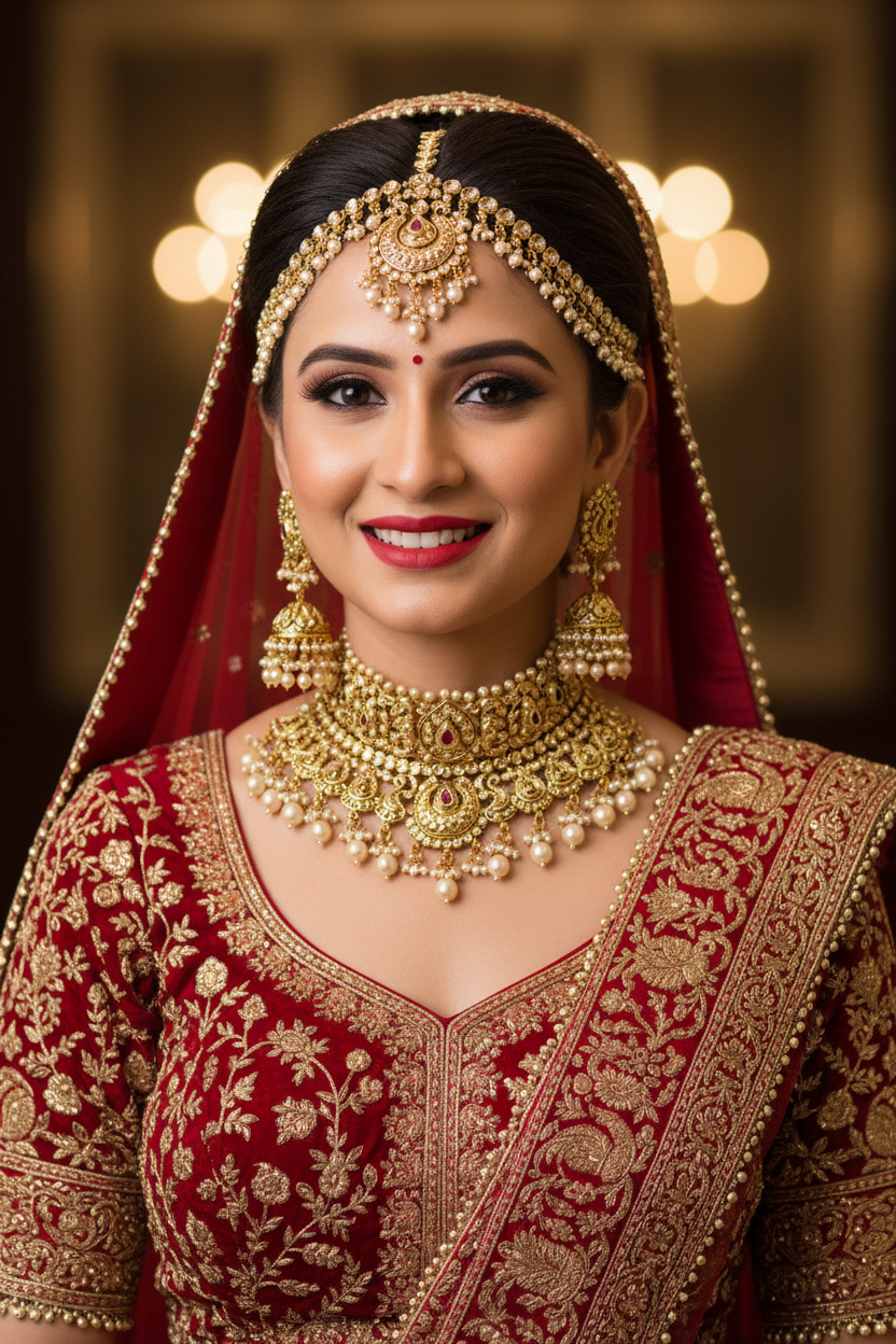 Indian Bride wearing Rani Mahal Gold Bridal Choker