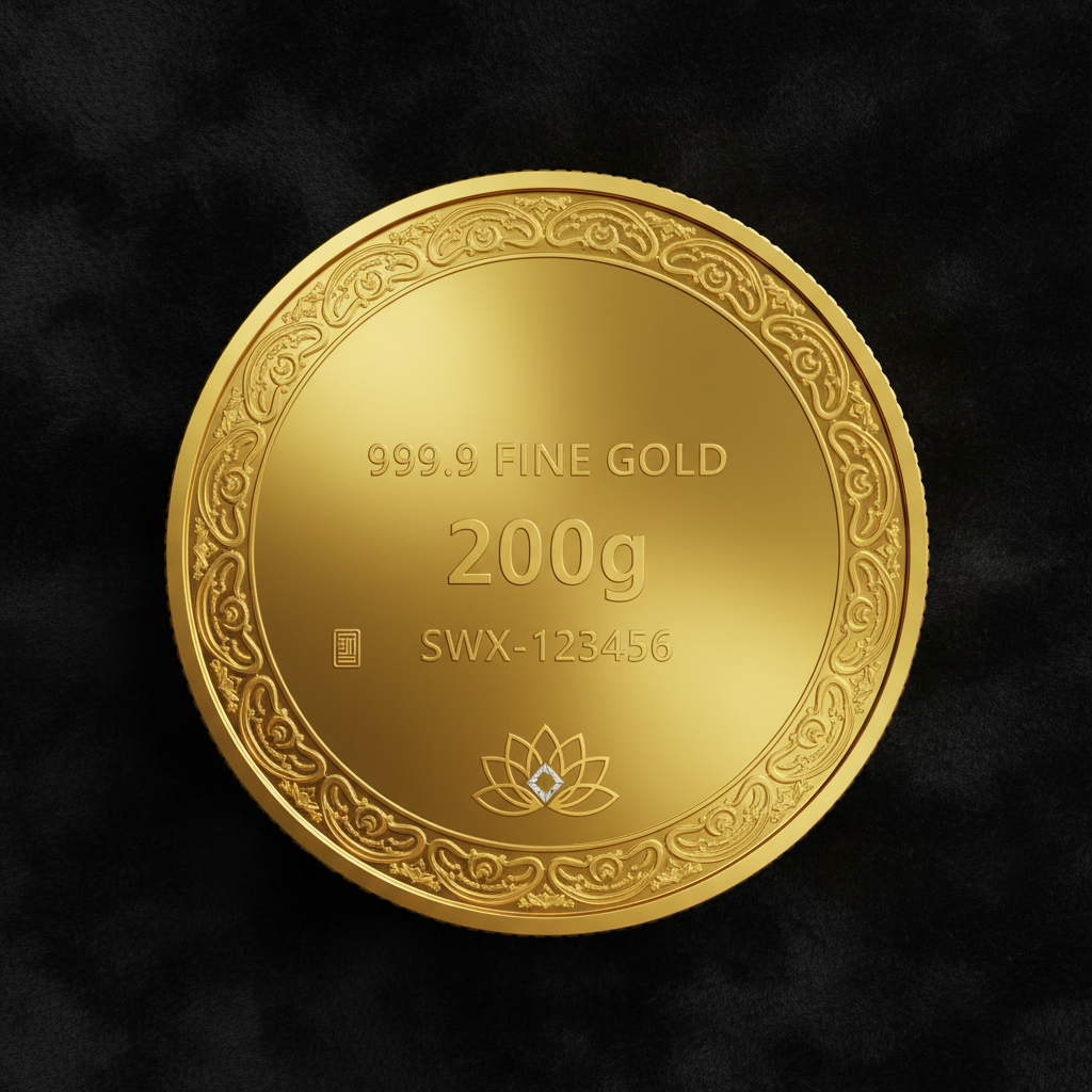 Reverse of Swarna 200g Fine Gold Coin with 200g weight engraved