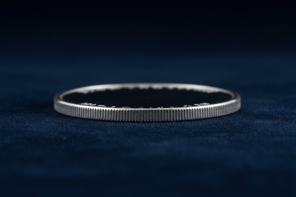 Edge view of Swarna 250g Fine Silver Coin showing reeded milled edge