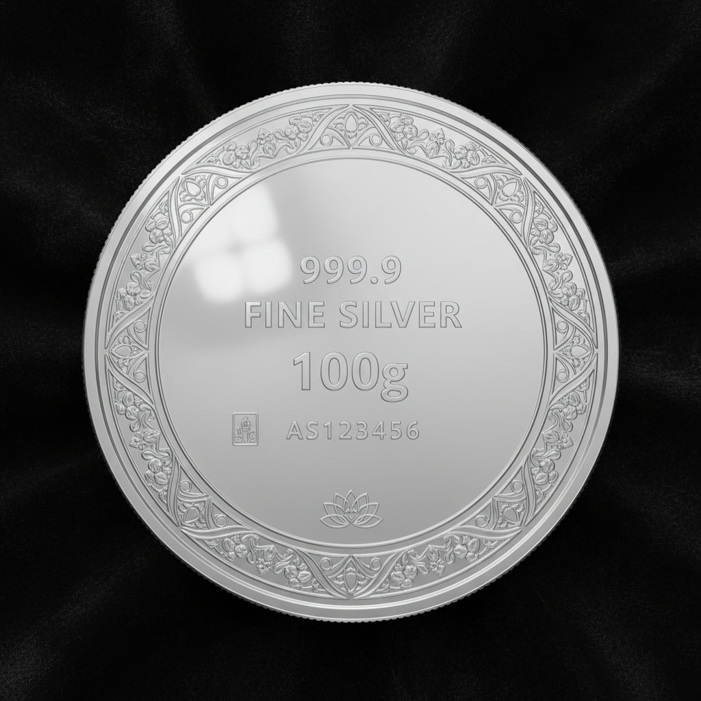 Reverse of Swarna 100g Fine Silver Coin with 100g weight engraved