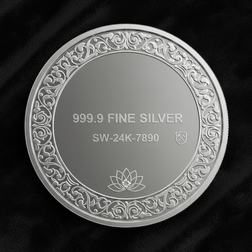 Reverse of Swarna 10g Fine Silver Coin with hallmark and serial number