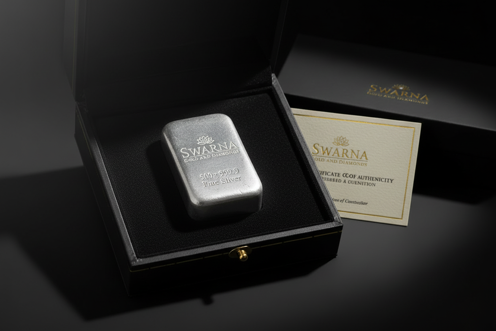 Swarna 500g Fine Silver Bar in luxury black velvet gift box with certificate