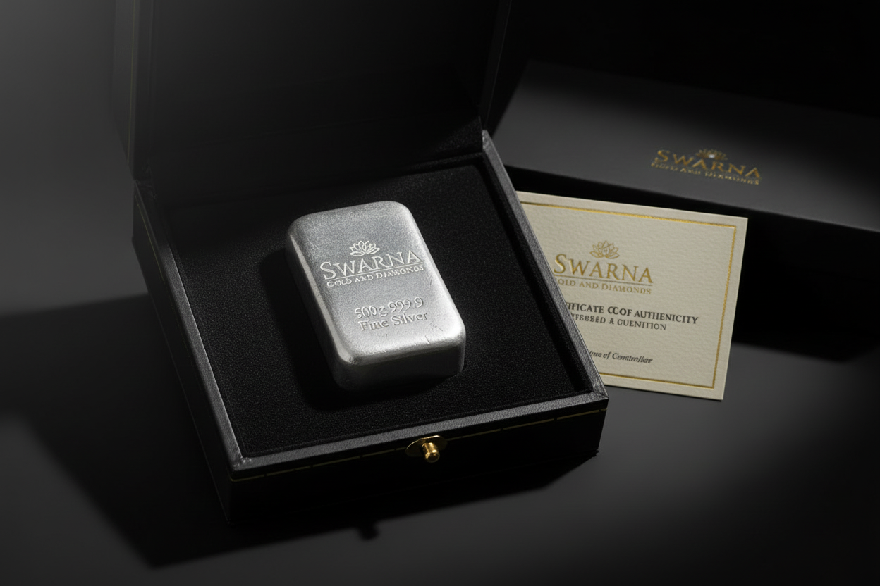 Swarna 500g Fine Silver Bar in luxury black velvet gift box with certificate
