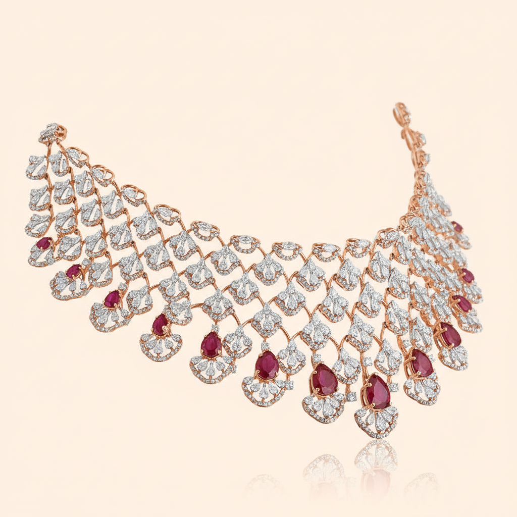 Ruby & Diamond Cascade Necklace – Side Angle View