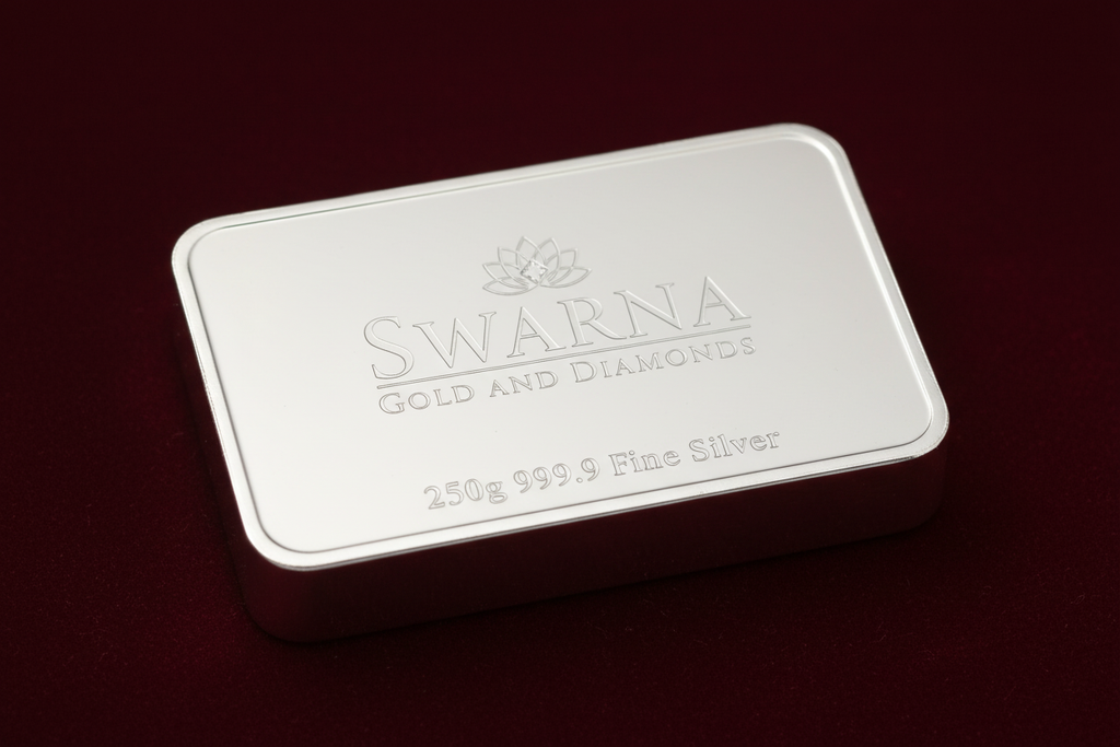 Front view of Swarna 250g Fine Silver Bar with Swarna lotus logo engraved