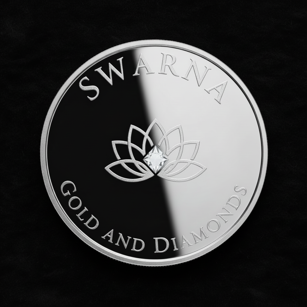 Front of Swarna 10g Fine Silver Coin with Swarna lotus design