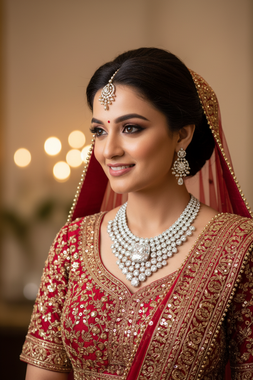 Indian Bride wearing Maharani Diamond Bib Necklace